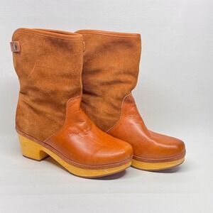 Frye and Co Womens 8 Cognac Leather Suede Faux Shearling Clog Boots 3470692-CAR